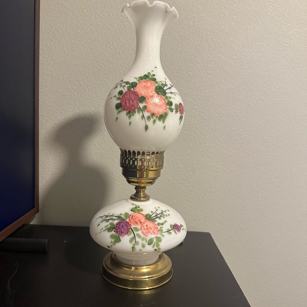 Vintage Floral Glass Lamp with Brass Base